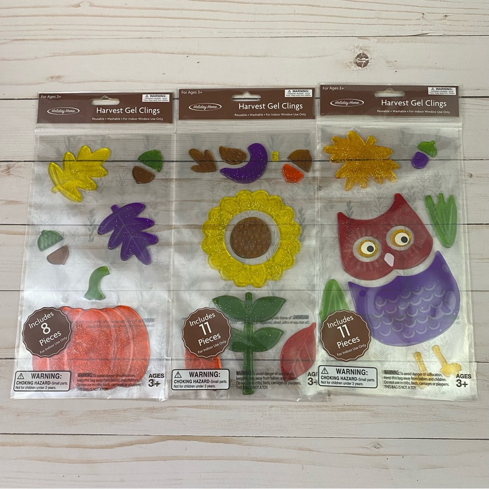 Set Of 3 Fall Harvest Window Sticker Gel Clings Owl Sunflower Pumpkin Acorn Leaf